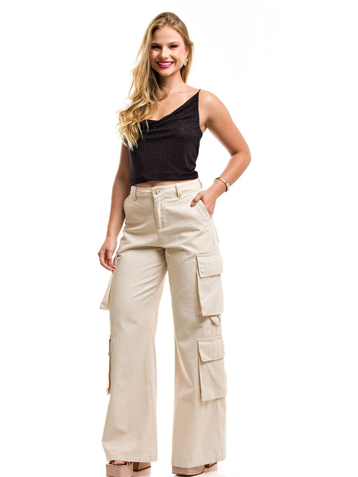 Imagem principal Calça Pantalona Restrito Jeans de Linho Cargo 8 Bolsos Restrito Jeans bege