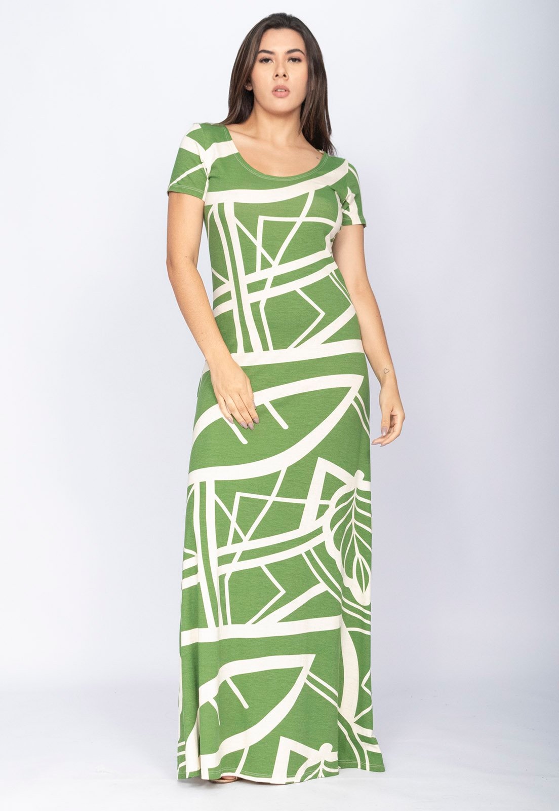 Imagem principal Vestido CabanaFree Longo Malha Gola Canoa Manga Curta Estampa Lagoa Botânica Verde Cabanafree estampado/verde verde