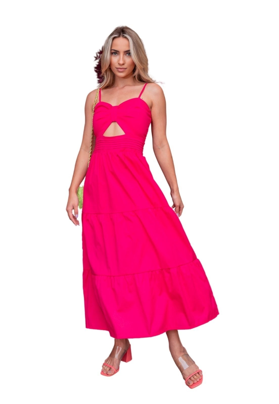 Imagem principal Vestido Midi Lançamento Primavera Verão Jaqueline Viscolinho Abertura Alcinha Rosa Cia do Vestido pink/rosa rosa