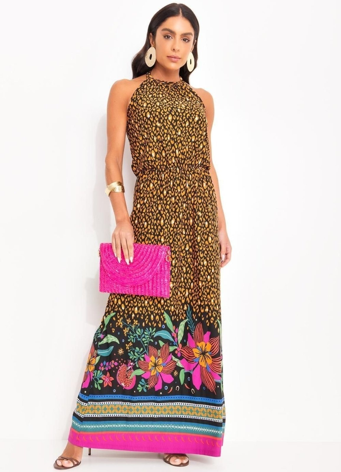 Imagem principal Vestido Onça Floral Em Malha De Viscose Quintess preto