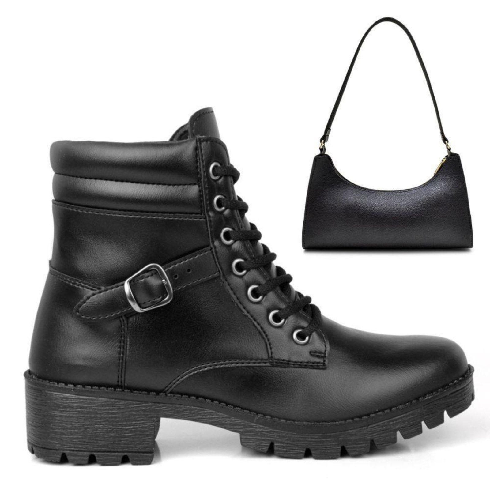 Imagem principal Kit Coturno Feminino Sapatofran Tratorado Cano Curto Com Bolsa Baguete Sapatofran preto