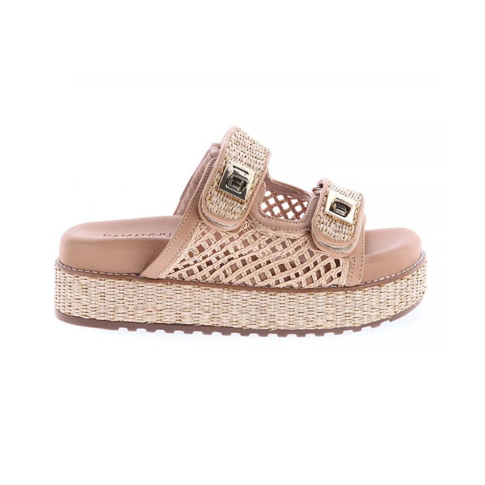 Imagem principal Kate - Sandália Papete Ráfia Aplicações Douradas Damannu Shoes nude