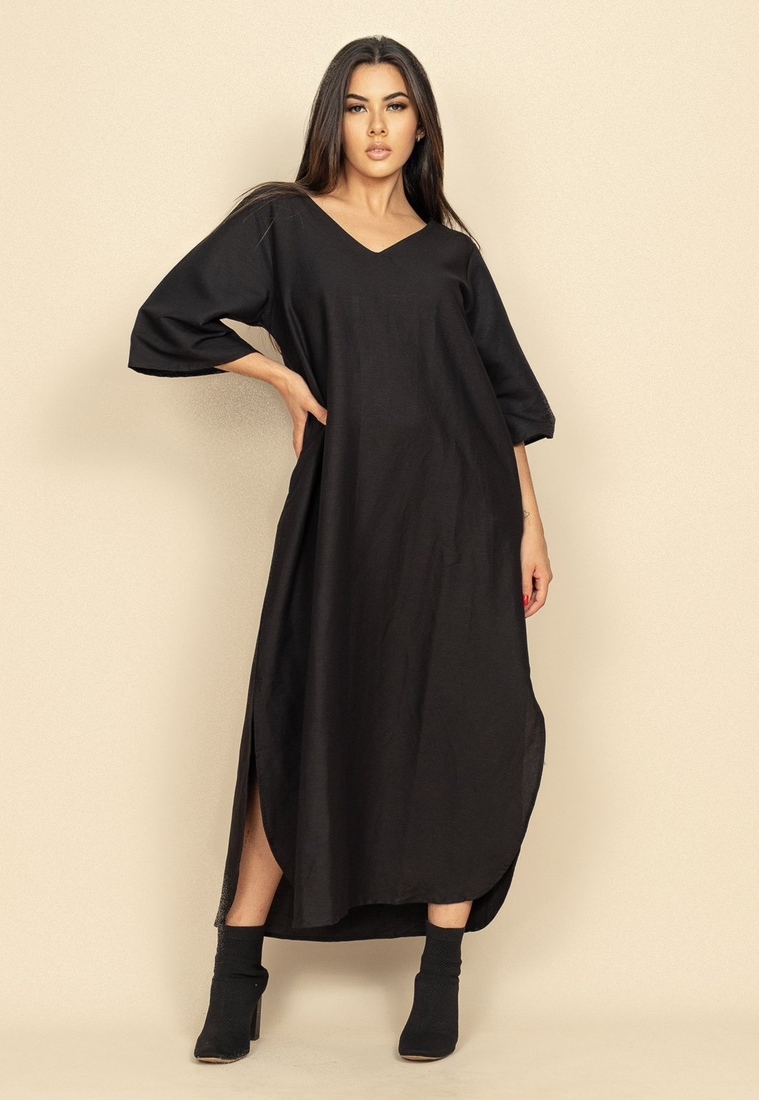 Imagem principal Vestido Midi Linho Manga 3/4 Amazonia Vital preto