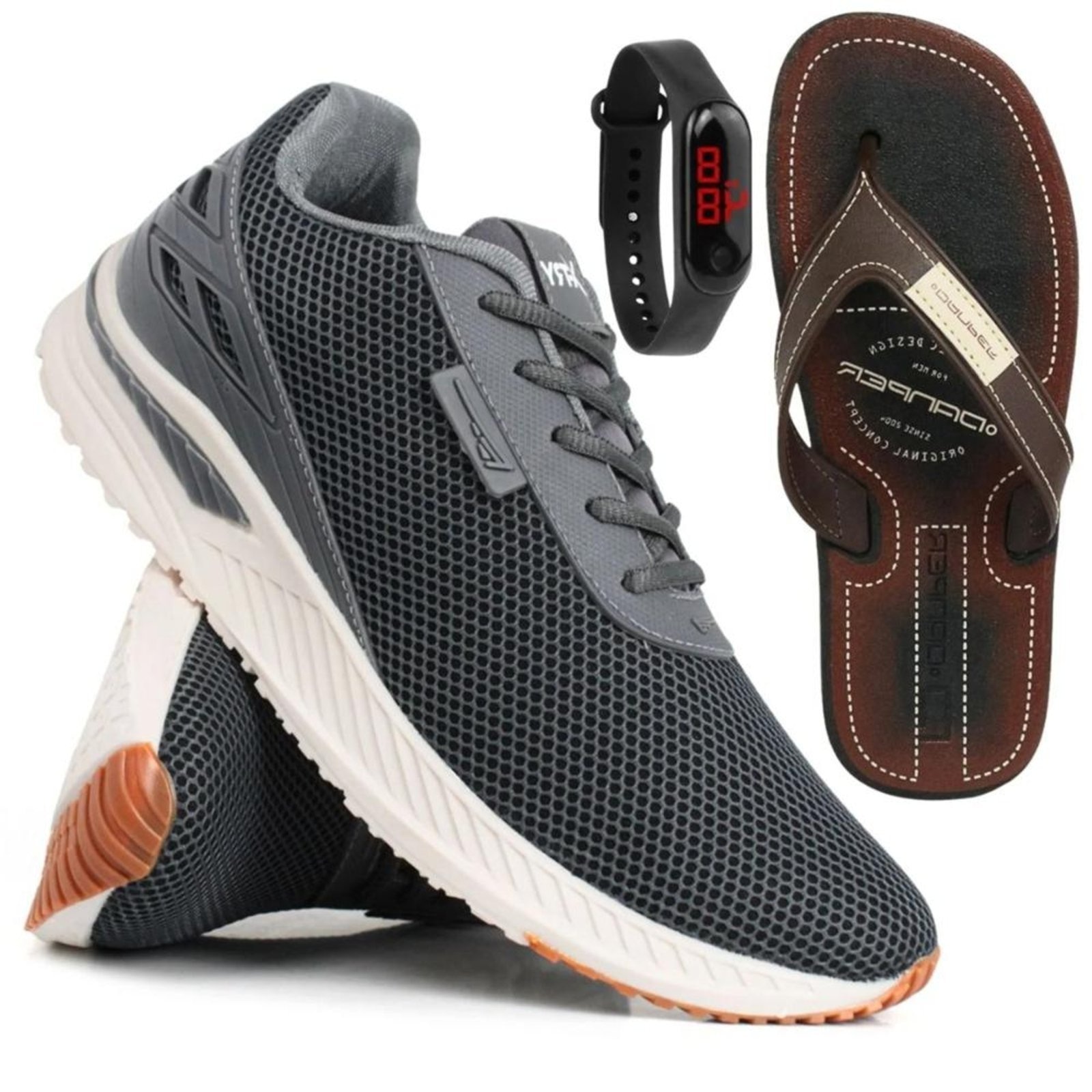 Imagem principal Kit Tênis Masculino Esportivo Running + Chinelo Dedo + Relógio Digital Sapatofran cinza