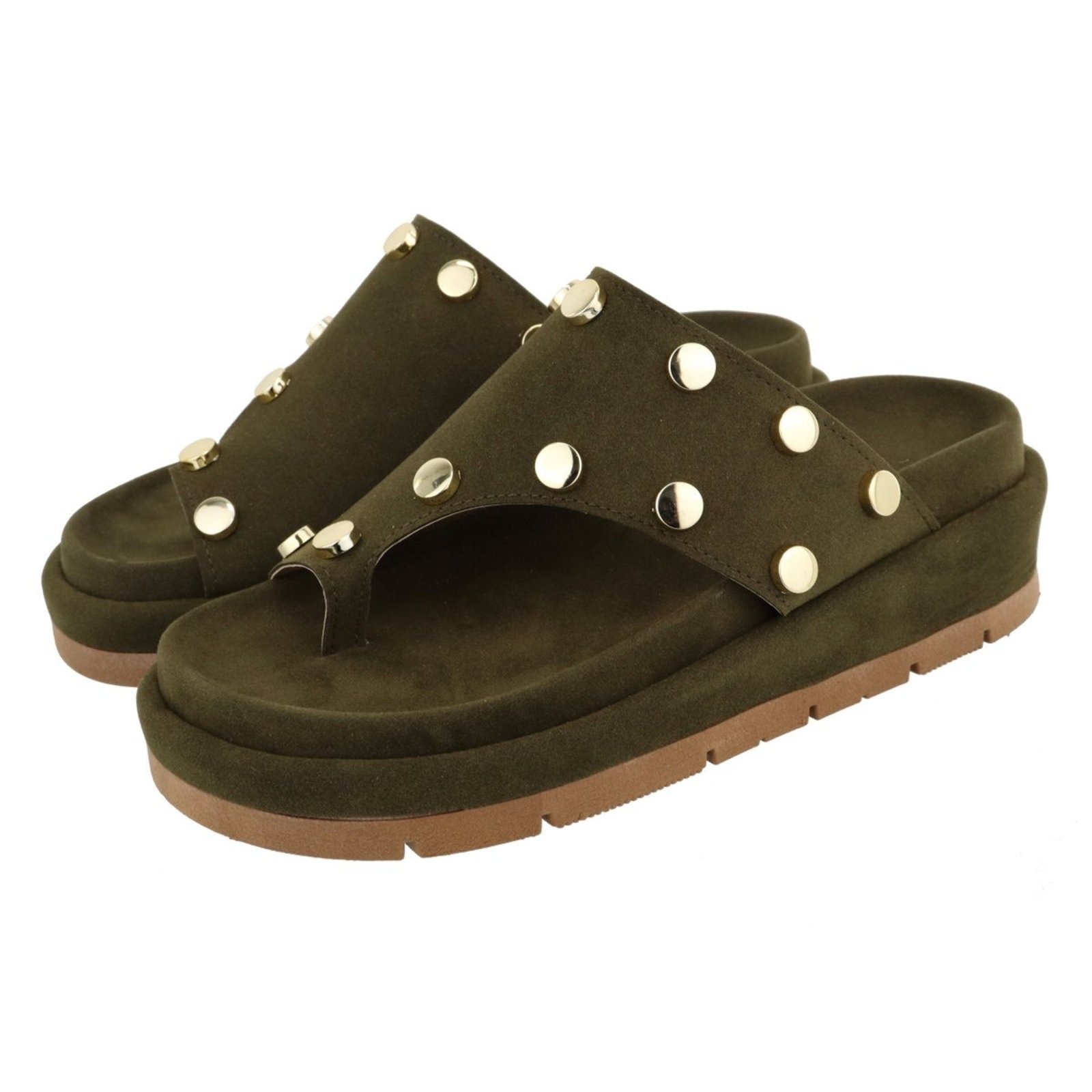 Imagem principal Sandália Papete Feminina Sola Alta Bolinhas Camurça Verde Musgo TELLINI STORE marrom verde