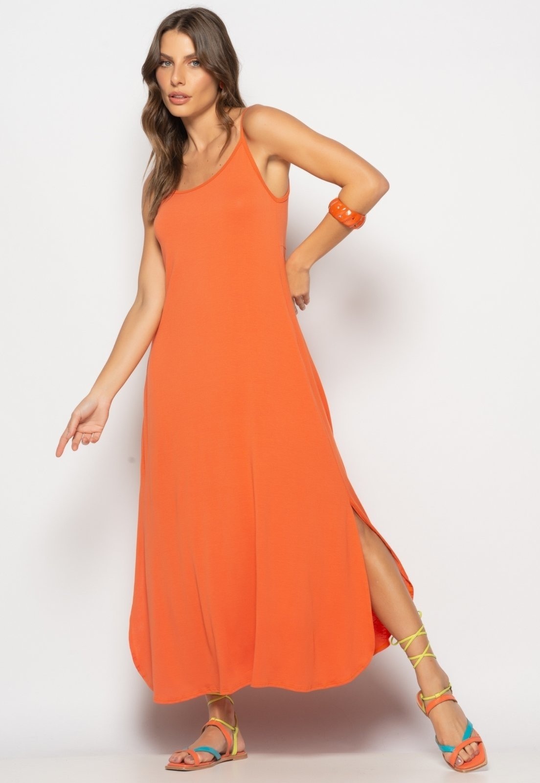 Imagem principal Vestido Longo Alcinha Com Barra Arredondada E Bolsos Salvatore Terra Salvatore Fashion laranja