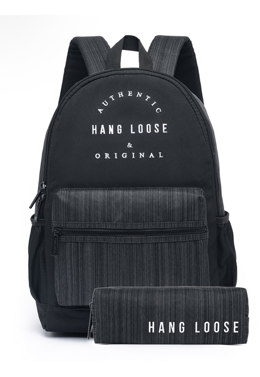 Imagem principal Kit Mochila + Estojo Espaçosa Notebook Masculina Escolar Reforçada Moderna Hang Loose preto