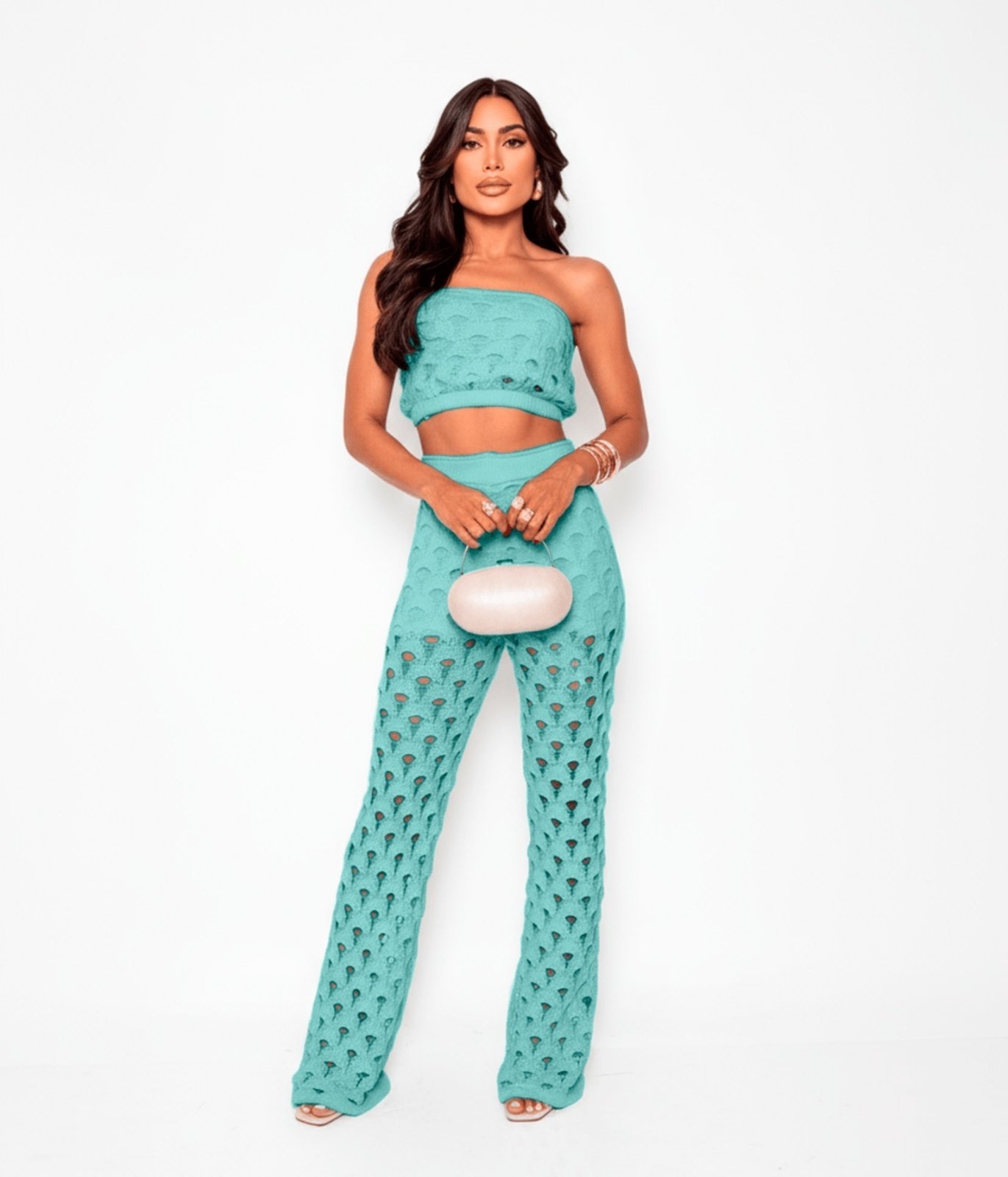 Imagem principal Conjunto Kit Três Peças Cherry Line Top Faixa Cropped Calça Vazada Short Tricot Croche Água Cherry Line verde