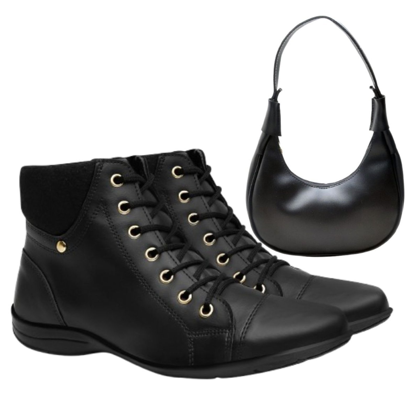 Imagem principal Kit Bota Feminina Cano Curto Anna Andrade Botinha Rasteira Amarrar Casual E Bolsa Ombro Anna Andrade preto