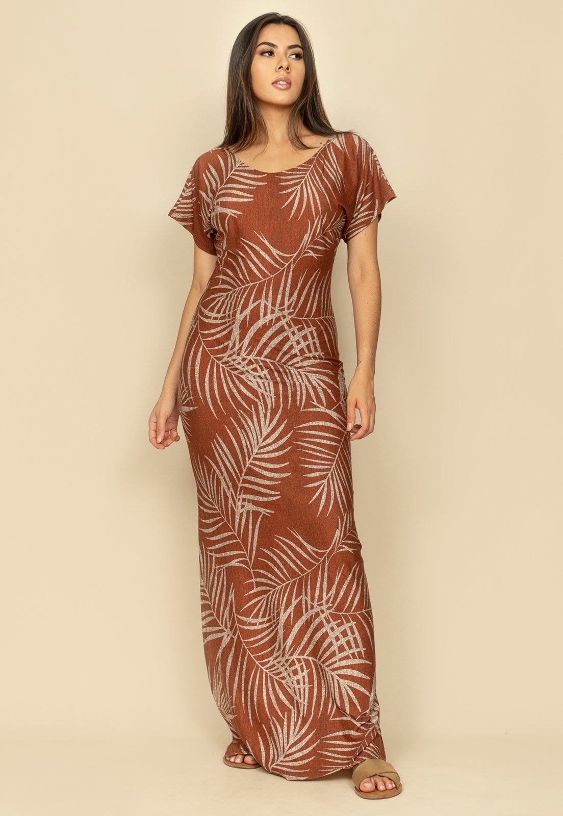 Imagem principal Vestido Longo Malha Fenda na Lateral Estampa Palmas Terra Cabanafree azul/estampado/marrom/multicolorido