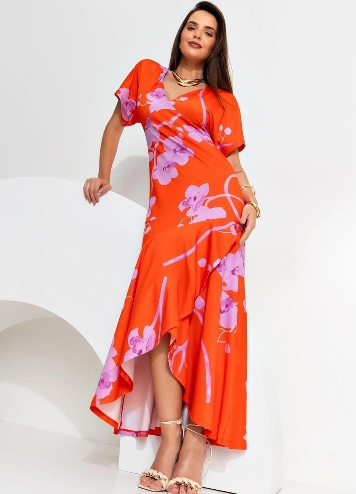 Imagem principal Vestido Feminino Floral OrquÁdeas Estampa Exclusiva Quintess laranja
