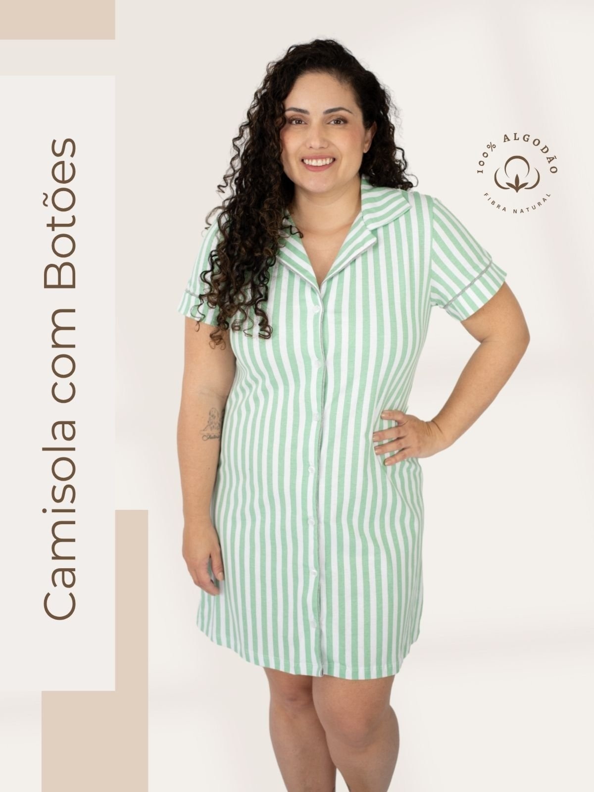 Imagem principal Camisola Algodão Plus Size Americana Curta Fiama - Listrado Piante verde