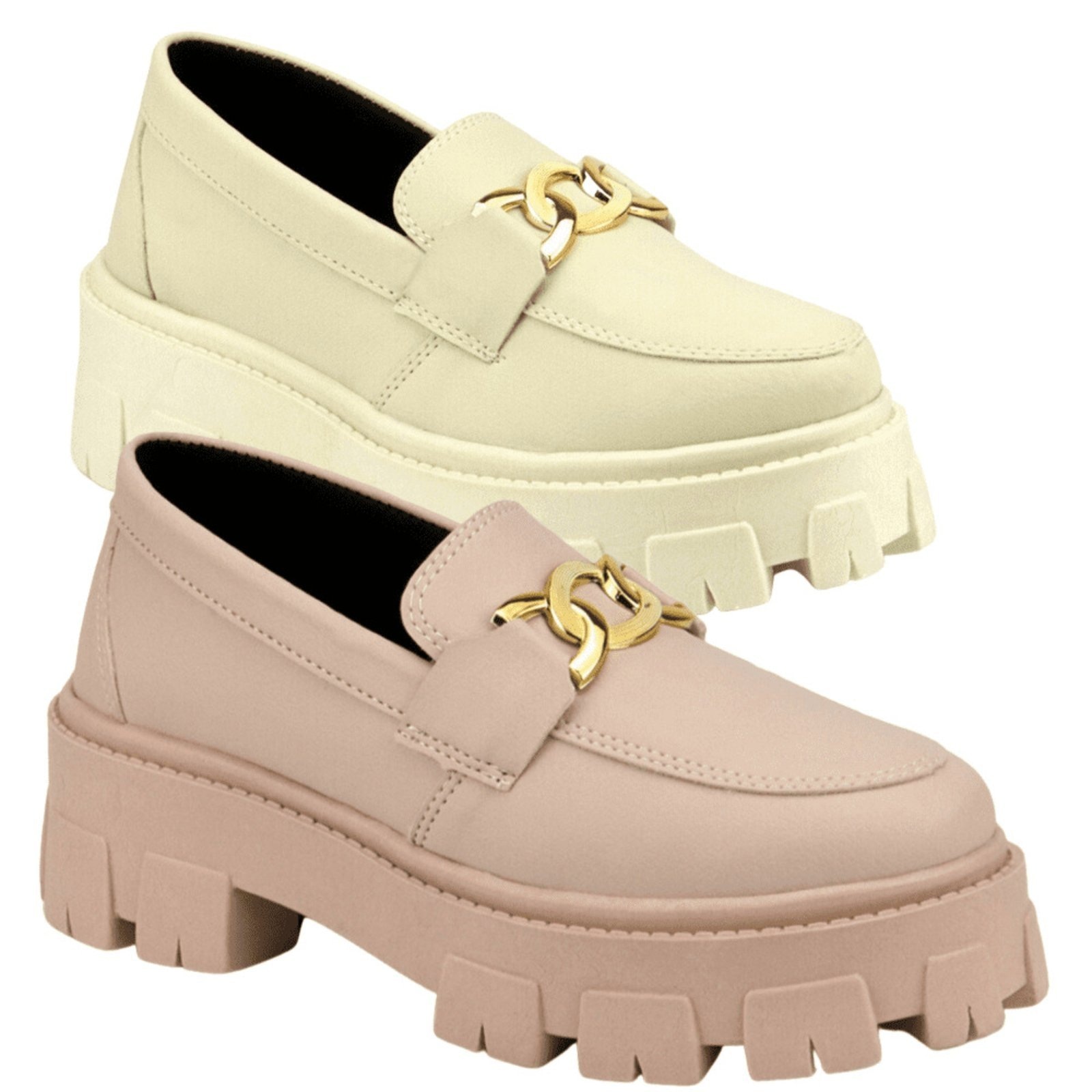 Imagem principal Kit 2 Mocassim Tratorado Feminino Oxford Plataforma Com Metal Blogueira Leve GuGi 403-GG Rose e Marfim Gugi off-white/rosê rose