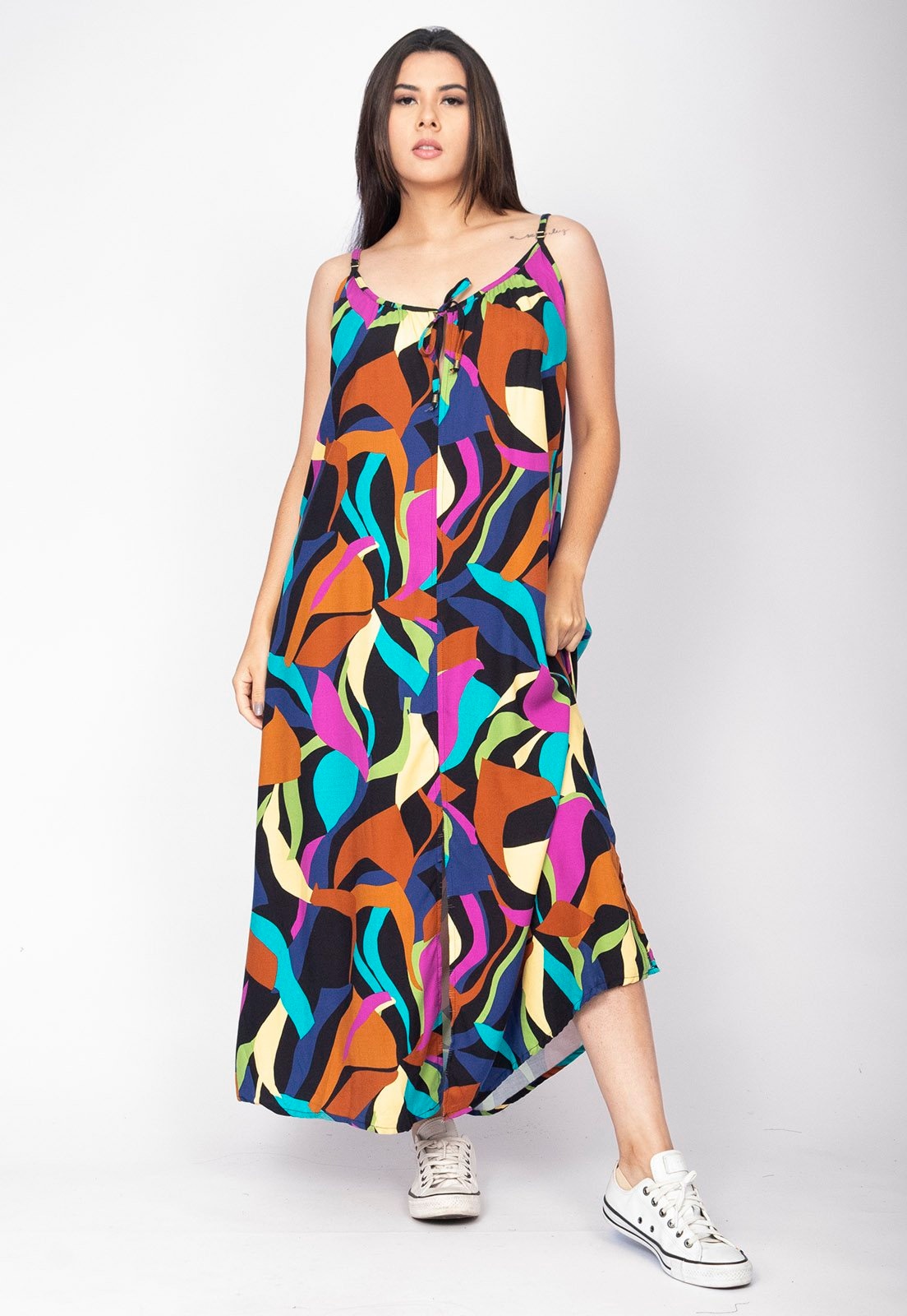 Imagem principal Vestido Longo Cabanafree Caçuá Viscose Alça Fina Estampa Aurora Urbana Cabanafree amarelo/azul/estampado/marrom/verde