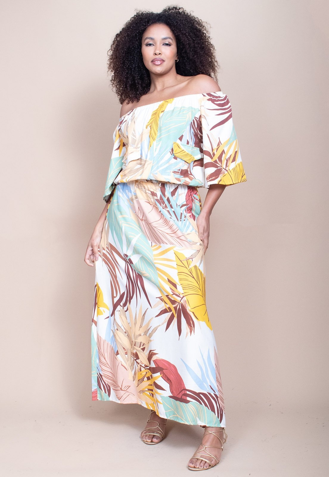 Imagem principal Vestido Midi Cabanafree Ciganinha Viscose com Lapela Estampa Aurora Suave Cabanafree amarelo/azul/estampado/verde