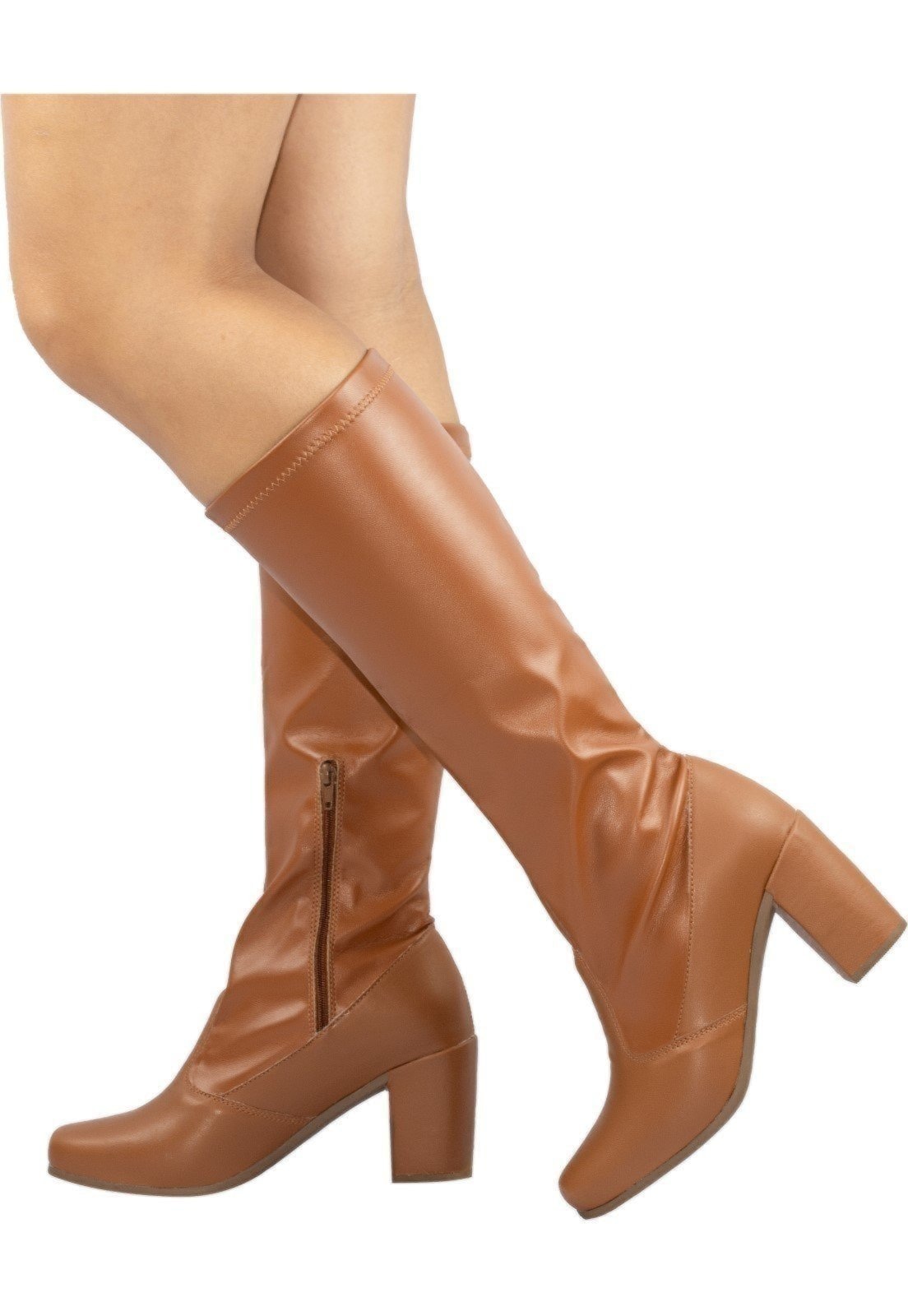 Imagem principal Bota Feminina Lumiss Cano Longo Stretch Bico Quadrado Salto Alto Grosso Montaria LUMISS caramelo