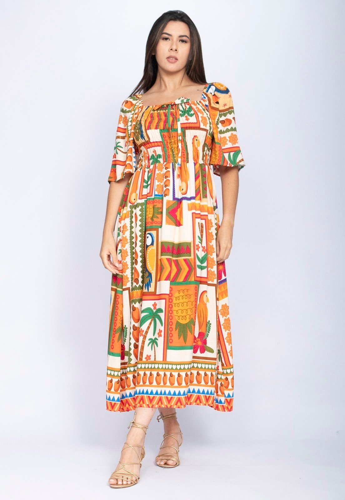 Imagem principal Vestido Midi Amazônia Vital com Manga Estampa Viva Amazônia Amazonia Vital estampado/laranja