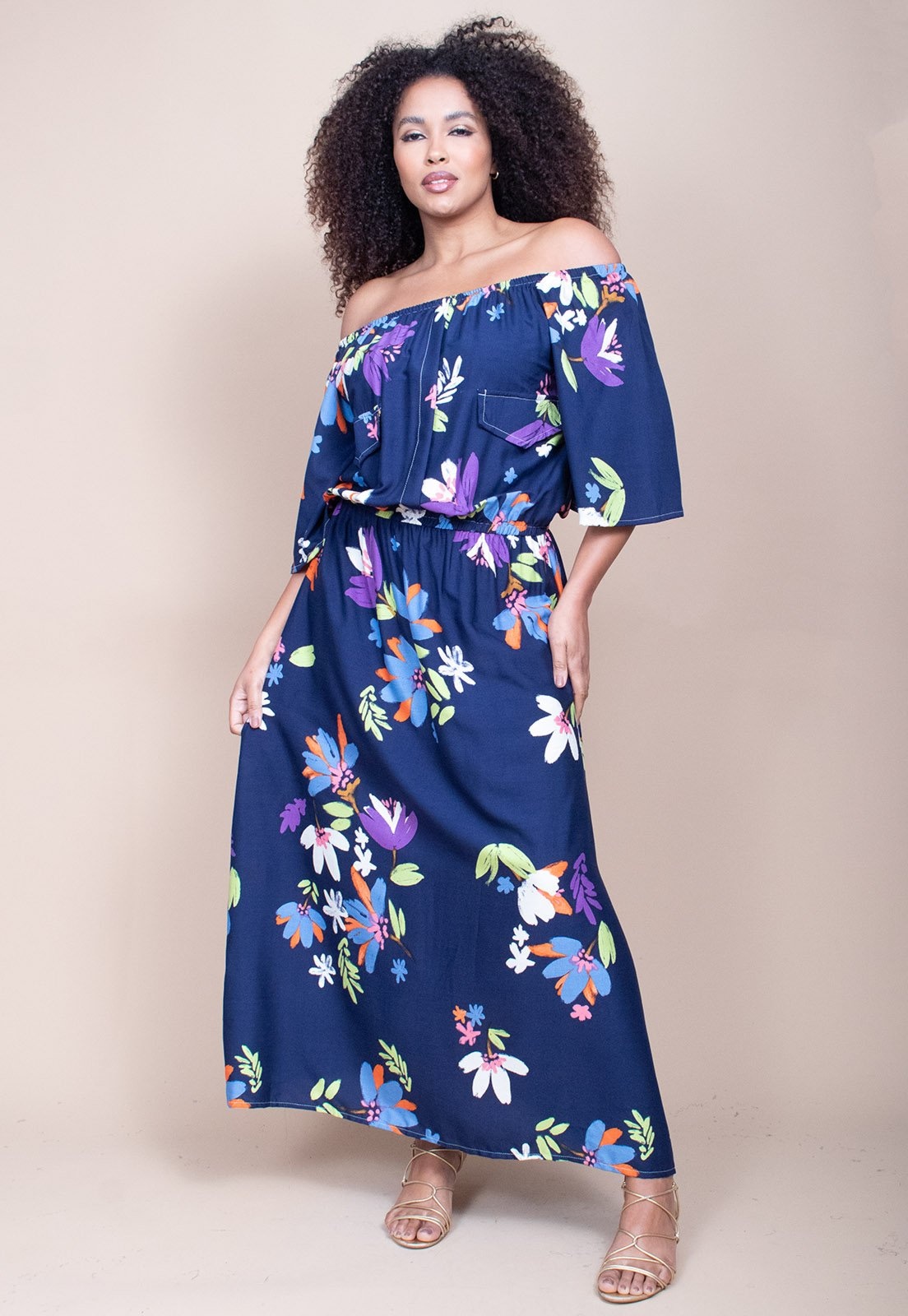 Imagem principal Vestido Midi Cabanafree Ciganinha Viscose com Lapela Estampa Festa das Flores Azul Cabanafree estampado/laranja/off-white/verde azul