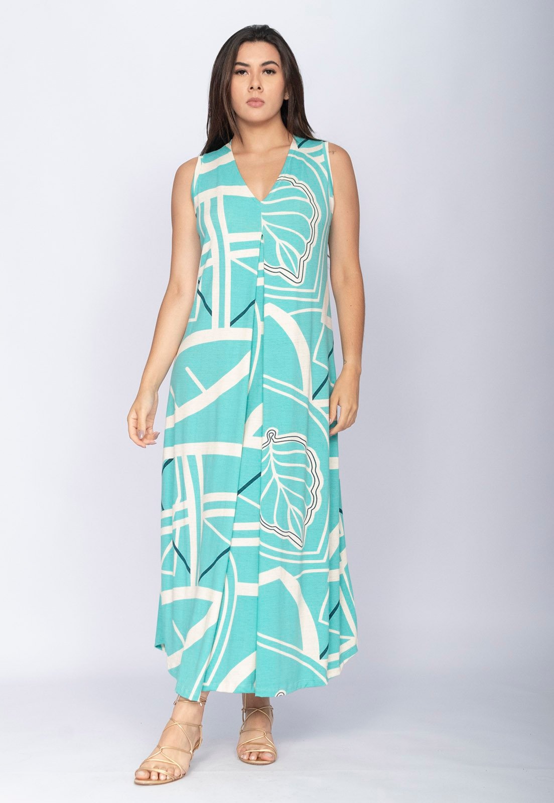 Imagem principal Vestido CabanaFree Longo Acará Malha Estampa Aqua Flora Cabanafree azul/estampado aqua