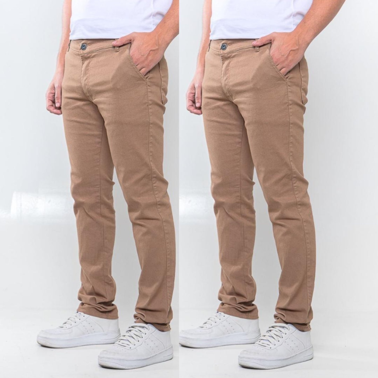 Imagem principal KIT 2 Calças Sarja Masculina Tempo Hábil Alfaiatada Skinny Caqui 5 Estilo cáqui caqui