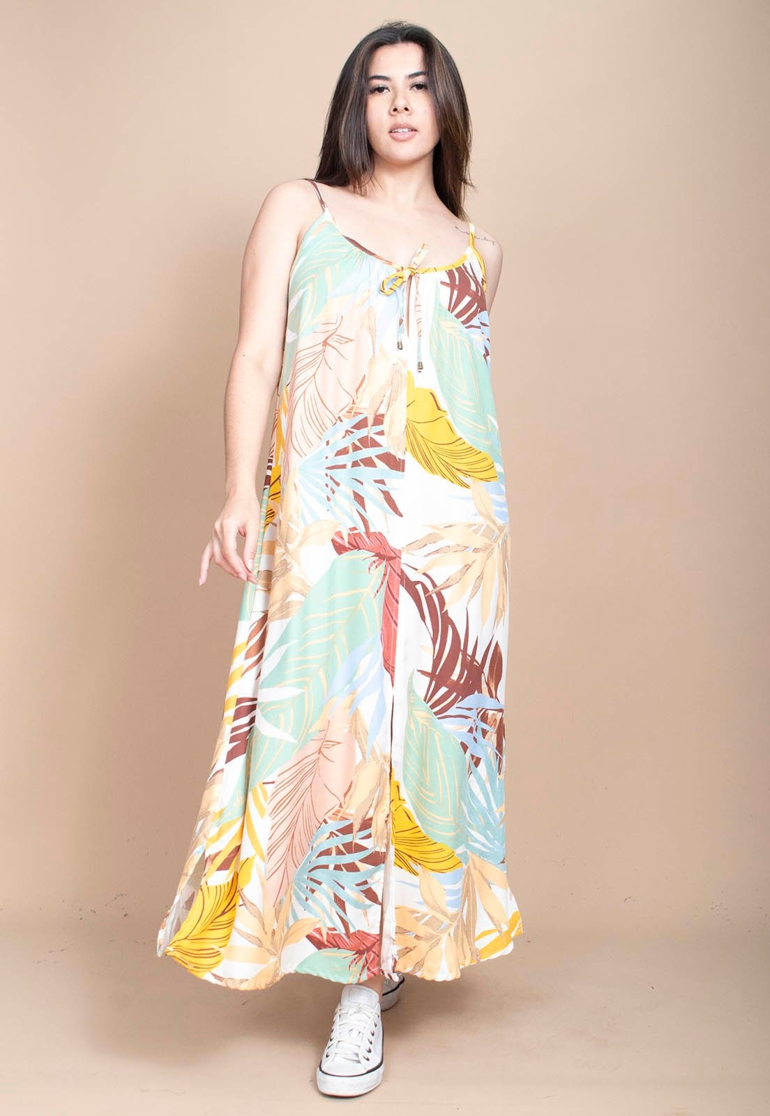 Imagem principal Vestido Longo Cabanafree Caçuá Viscose Alça Fina Estampa Aurora Suave Cabanafree amarelo/azul/estampado/off-white/verde