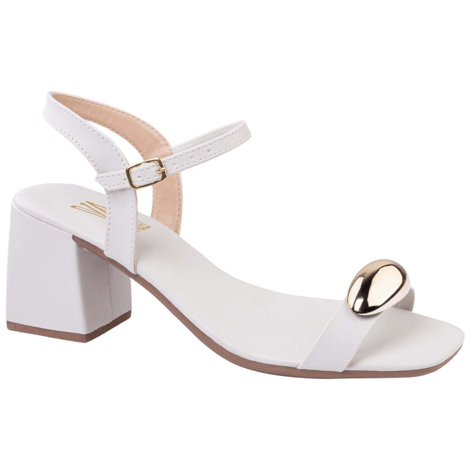 Imagem principal Sandália Feminina Salto Médio Quadrado Enfeite Dourado Delicada Versátil Elegante Confortável Via Angel 8602 Off White VIA ANGEL off-white white