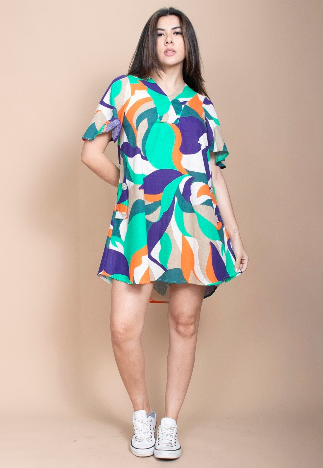 Imagem principal Vestido Curto Cabanafree Pataxô Viscose Mullet Decote V Brisa do Mar Cabanafree azul/estampado/laranja/off-white