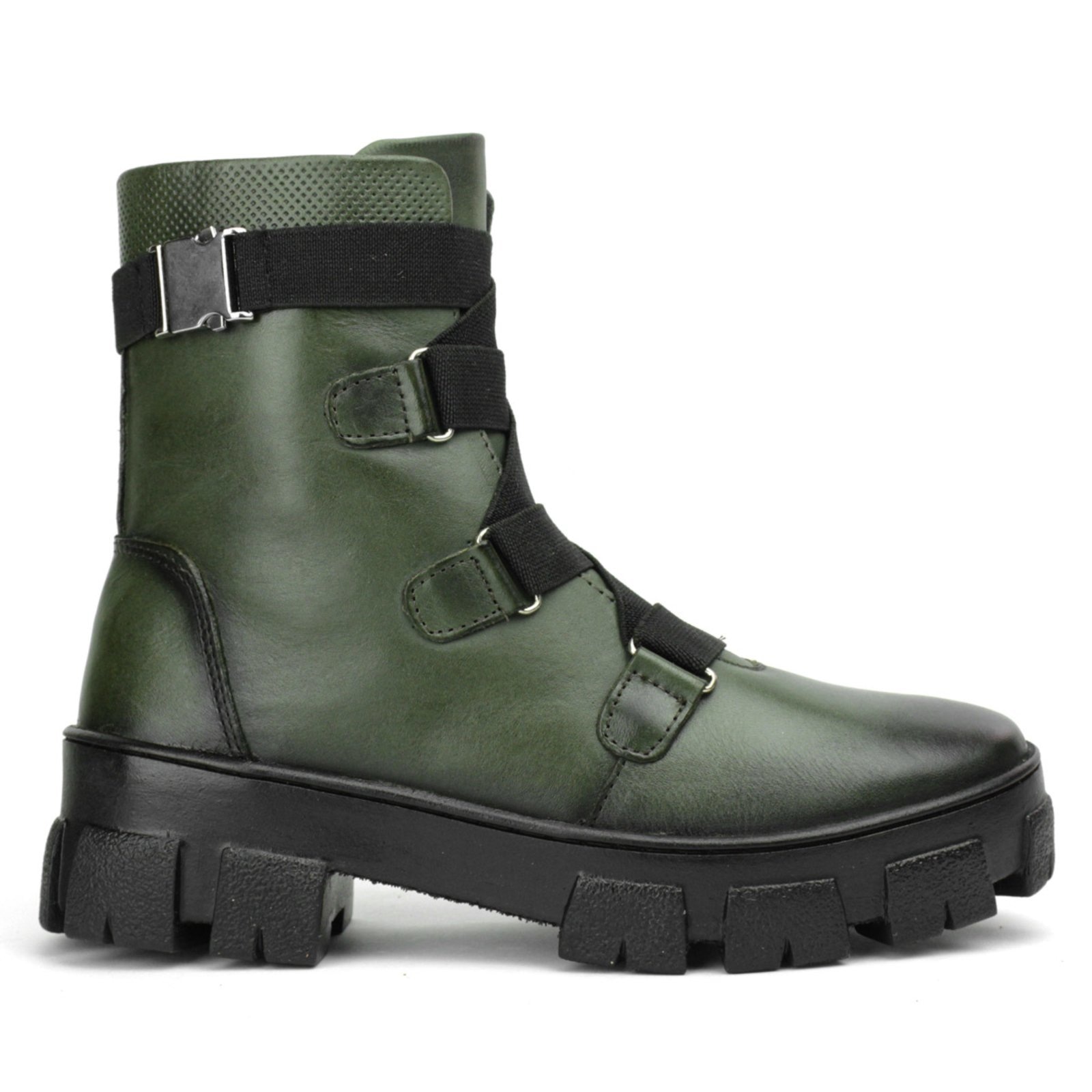 Imagem principal Coturno Couro Militar Feminino Solado Tratorado Cano Médio Elásticos Ajustáveis Casual Verde FRANCA GRIFFE verde militar