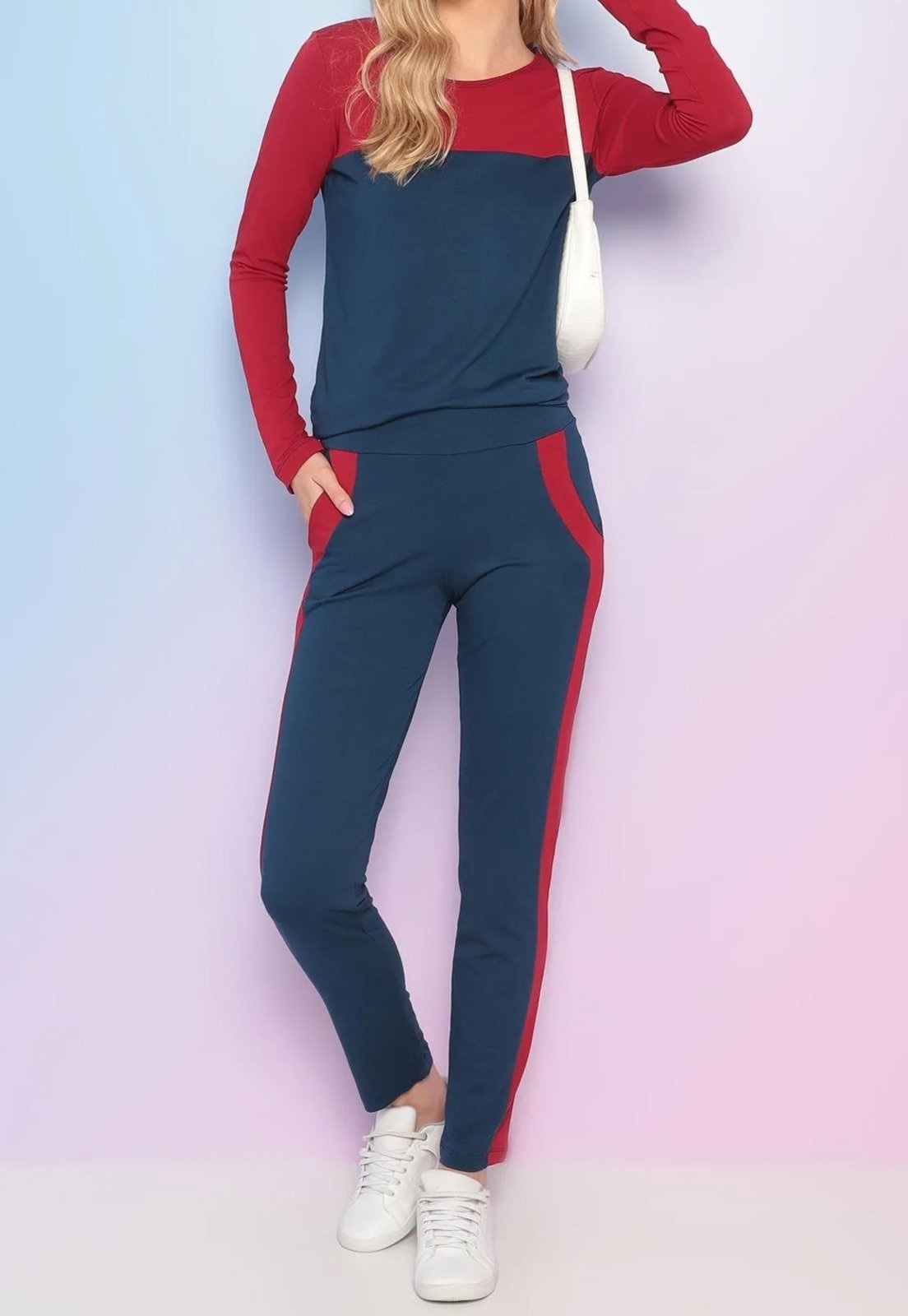 Imagem principal Conjunto Viscolycra Maria Paes Calça e Blusa Manga Longa Marinho e Maria Paes vermelho