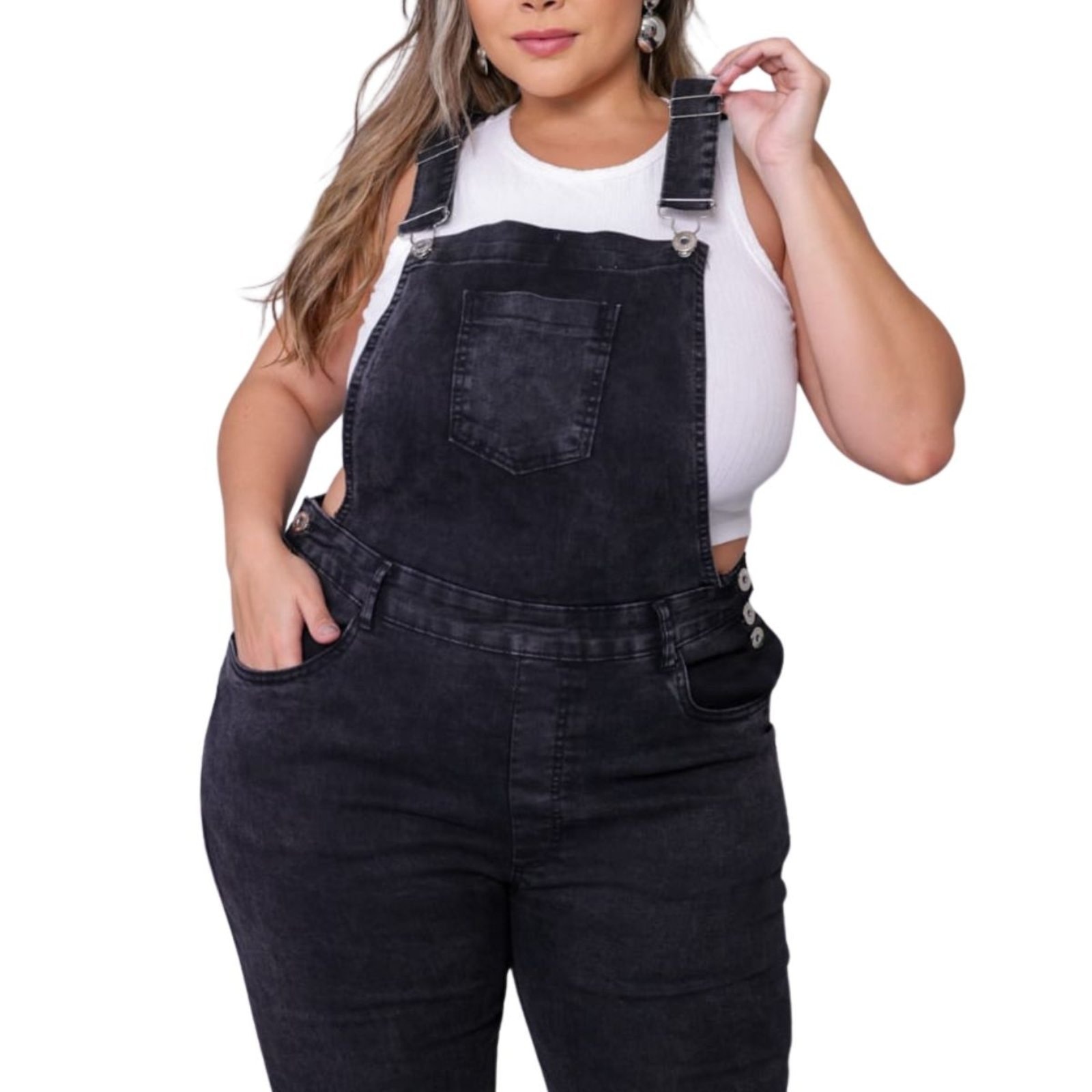 Imagem principal Macacão Jardineira Manchado Feminino Jeans Loka Plus Size Jeans Loka preto