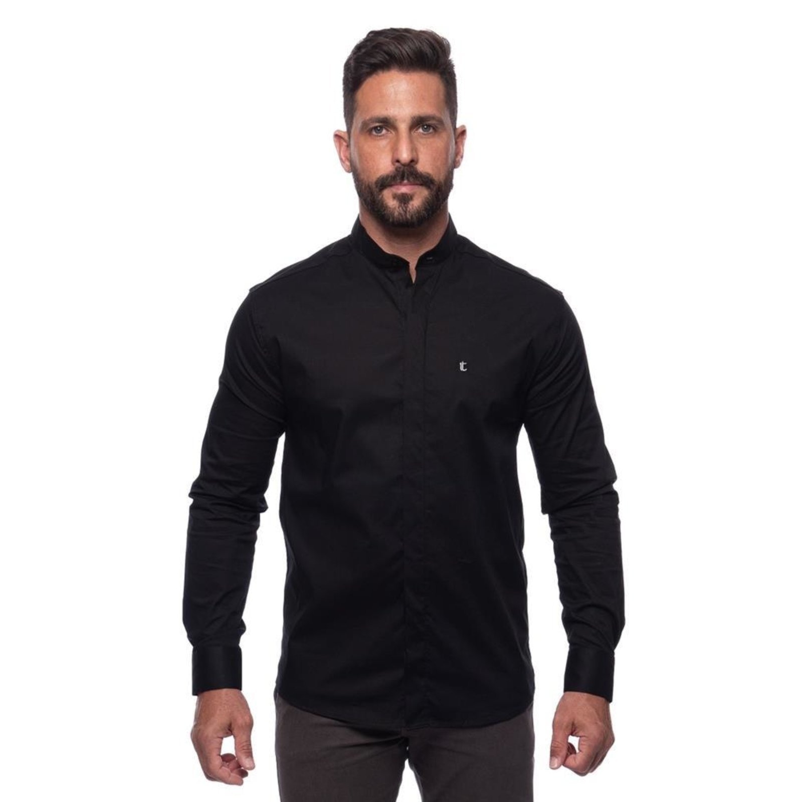 Imagem principal Camisa Masculina Acetinada Gola Padre Manga Longa Elastano Azul Claro G Preto TEODORO CAMISARIA preto azul