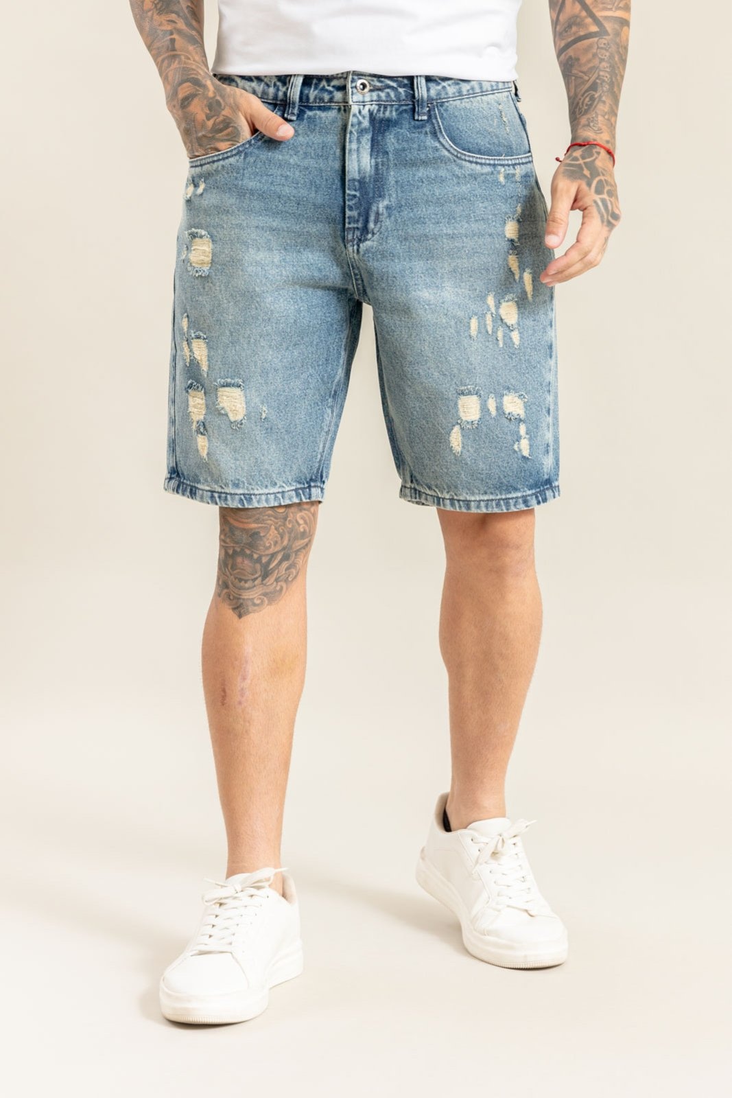 Imagem principal Bermuda Jeans Slim Destroyed Lavagem Média Vintage Dialogo Dialogo Jeans azul