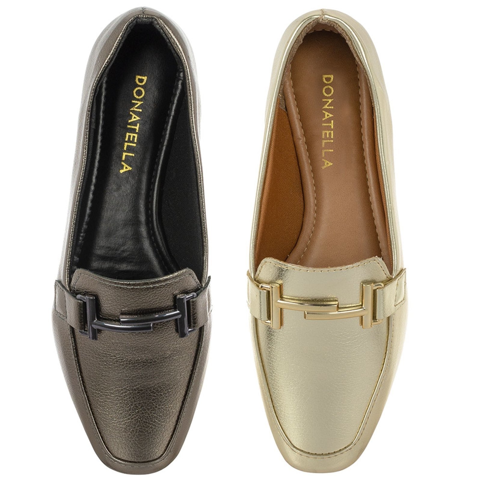 Imagem principal Kit 2 Pares Sapato Feminino Mocassim Donatella Shoes Bico Quadrado Confort Ouro light e Prata Velho Donatella Shoes dourado