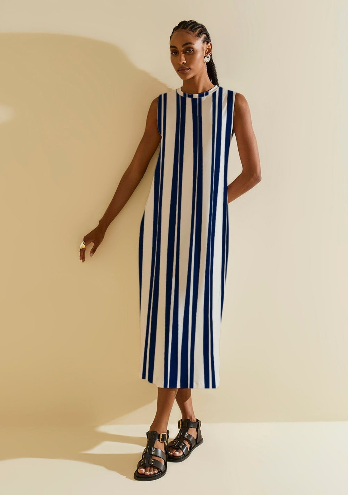 Imagem principal Vestido Morena Rosa Solto Decote Careca Sem Manga Midi Bege Morena Rosa bege rosa