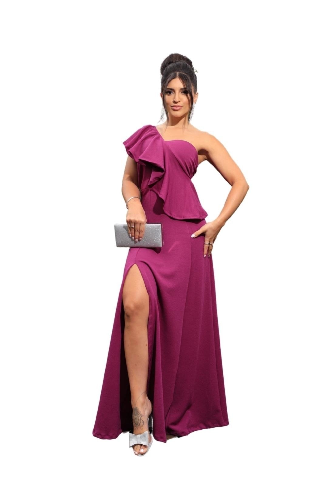 Imagem principal Vestido Longo de Festa Madrinhas Babados Crepe Anastácia Fúcsia Cia do Vestido roxo