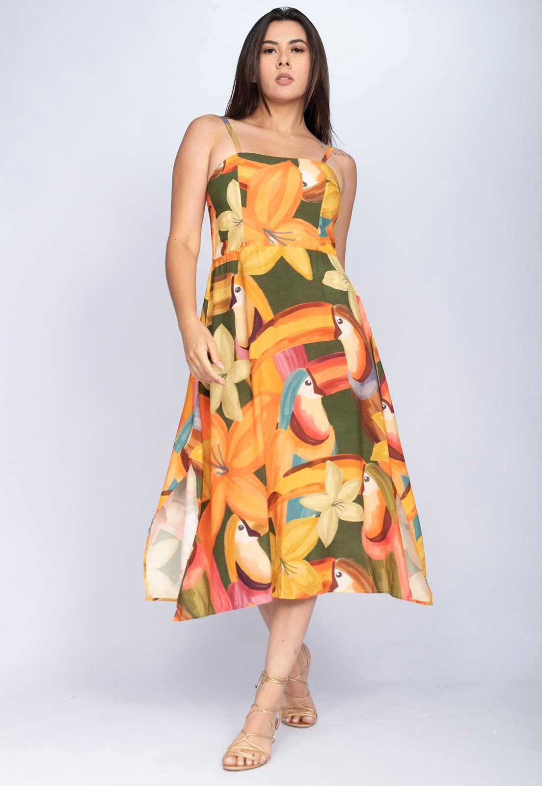 Imagem principal Vestido Amazonia Vital Midi Alça Fina Estampa Flowers & Tucanos Amazonia Vital estampado/verde