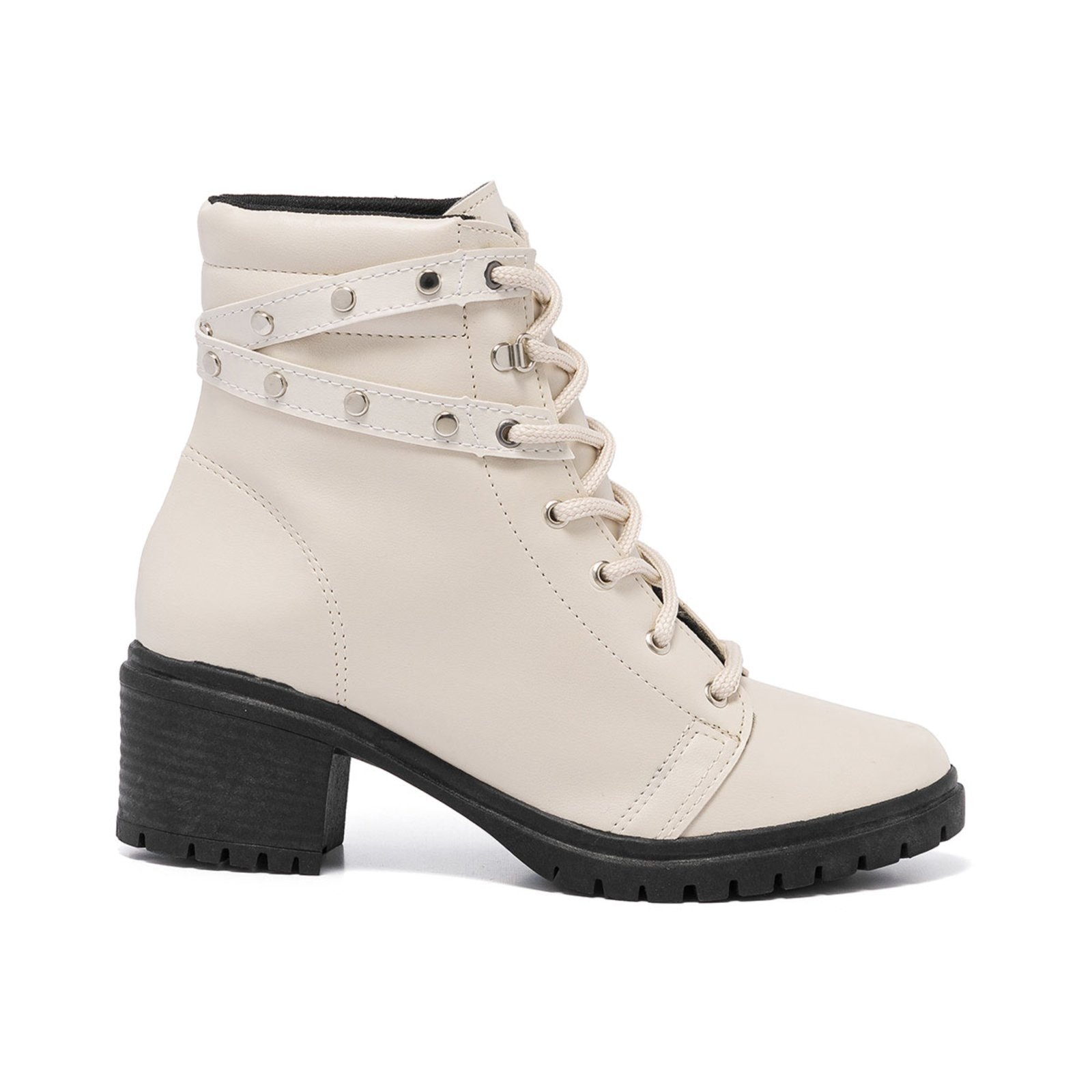 Imagem principal Bota Coturno Feminina Cano Baixo Tratorada Off White Confort - Tachinhas Stessy Shoes off-white white