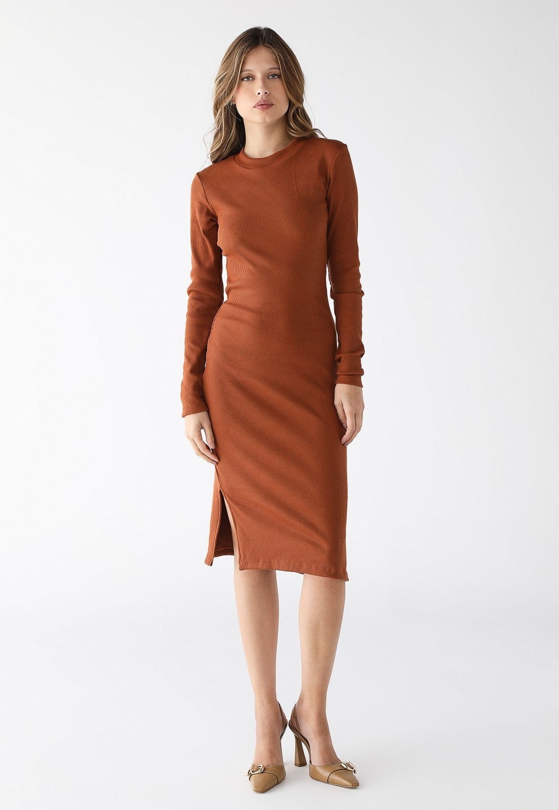 Imagem principal Vestido Midi Manga Longa Fendas Laterais Ribana Premium 77VS LEVOSCH caramelo