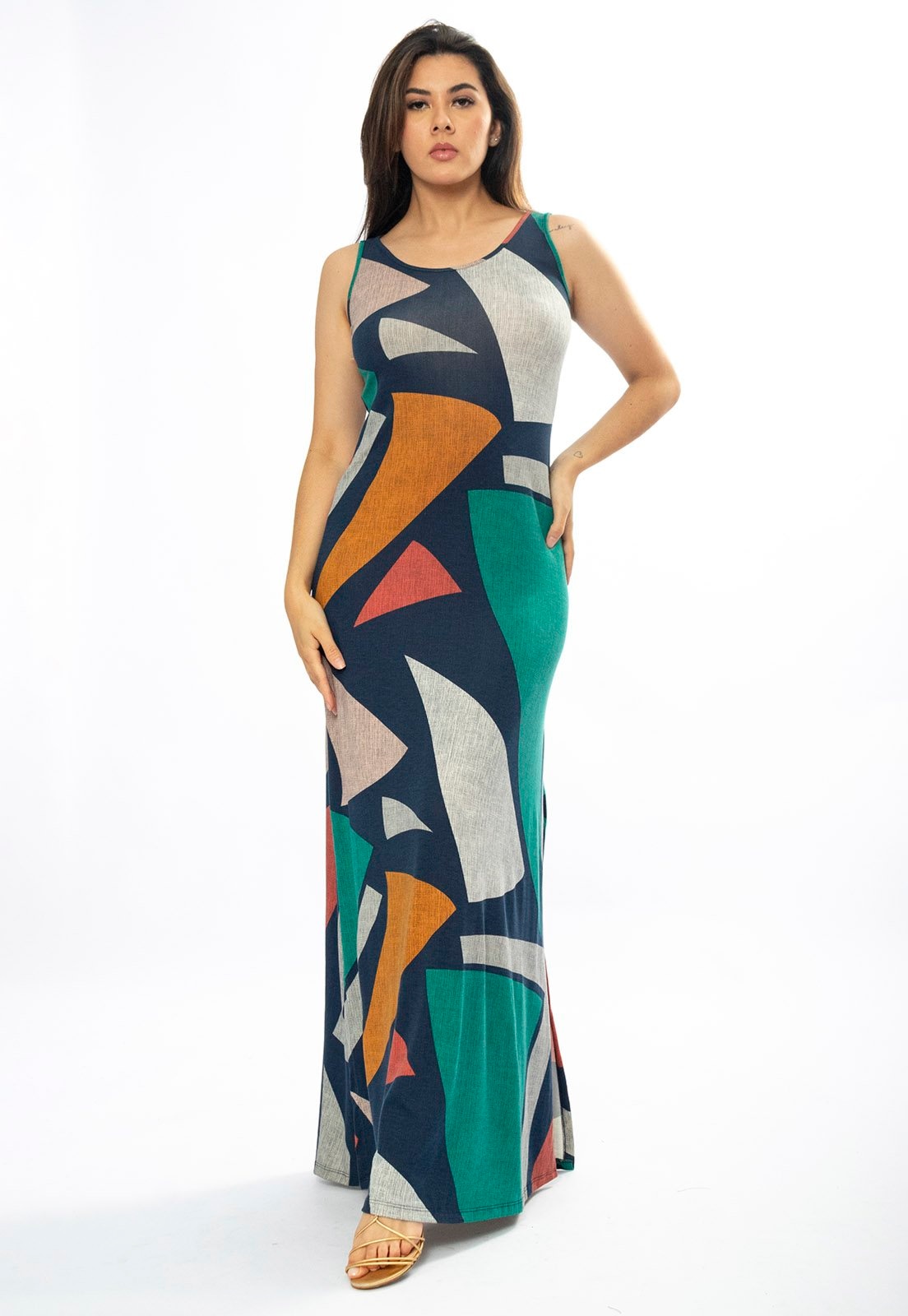 Imagem principal Vestido Longo Amazônia Vital Butiá Malha Regata Estampa Geometrias do Tempo Amazonia Vital azul marinho/cinza/estampado/laranja/verde