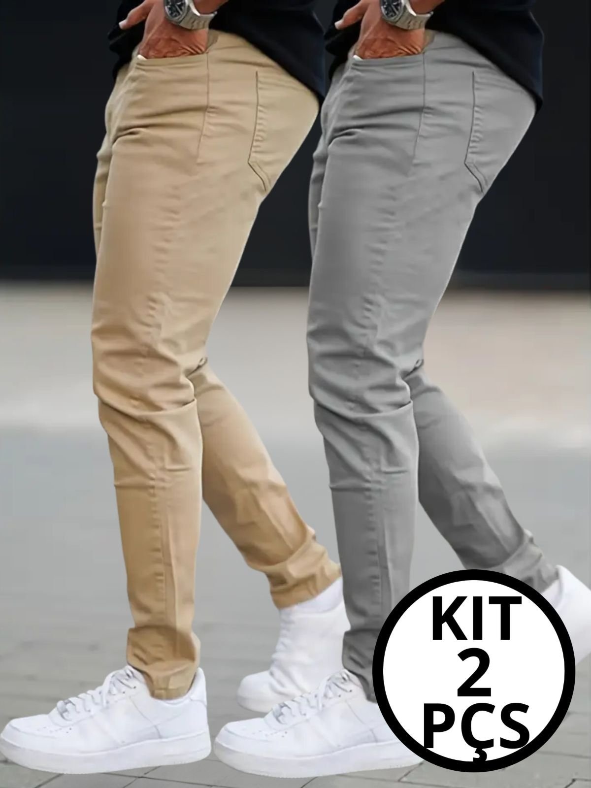 Imagem principal KIT 2 Calças Sarja Masculina Kovali Premium Com Elastano Confortável Bolso-Faca e Caqui KOVALI FASHION STORE cinza/cáqui caqui