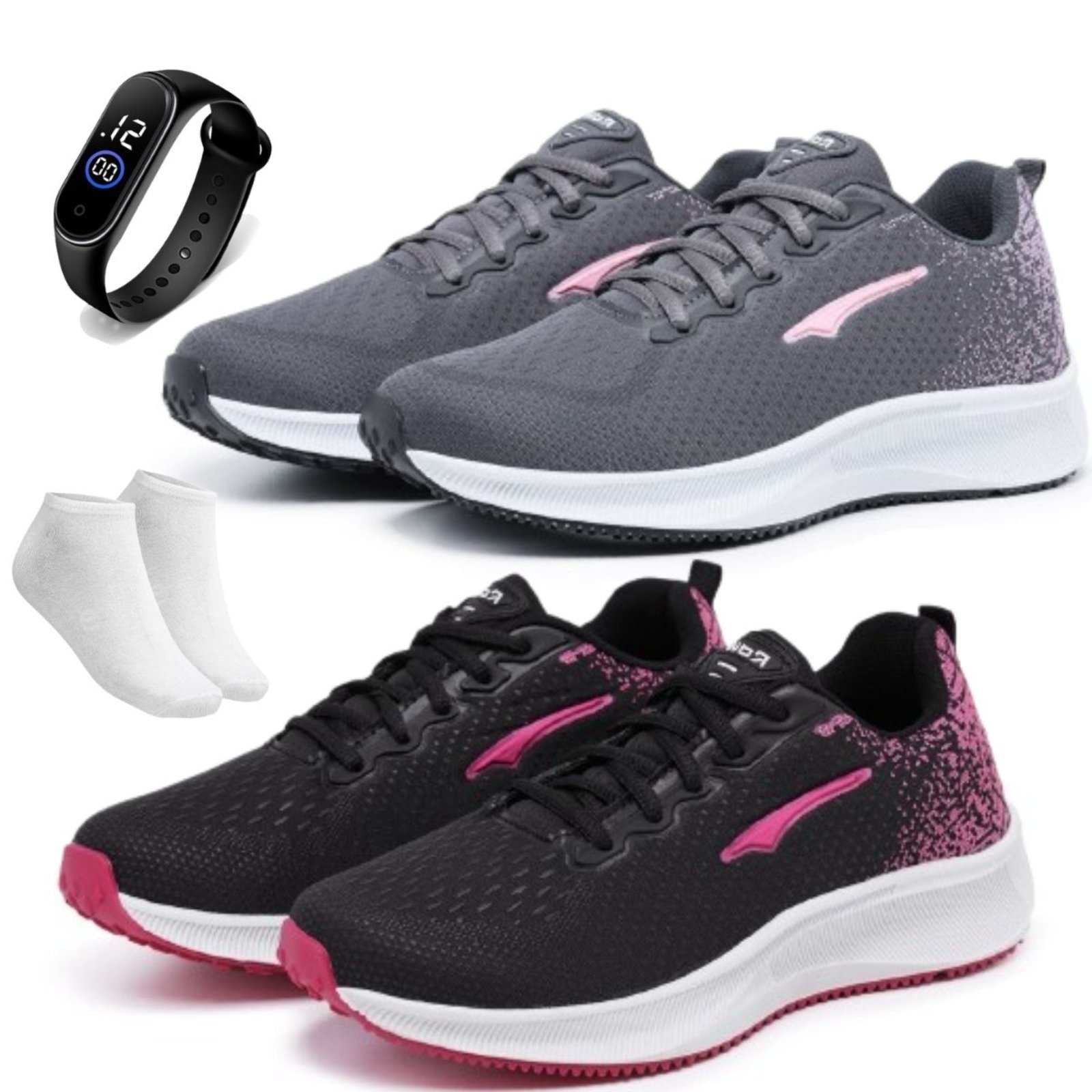 Imagem principal Kit 2 Tênis Femininos Ortopédicos Confortável Básico Casual Esportivo Para Academia Corrida + Relógio e Meia Bia Ramos grafite/preto