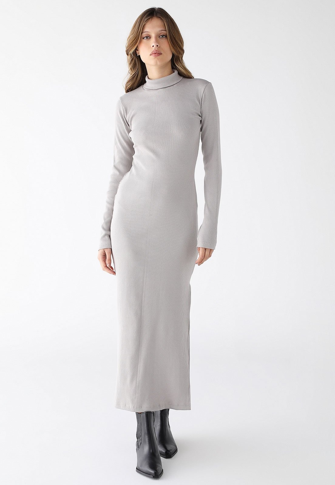Imagem principal Vestido Longo Levosch Gola Alta Fenda Lateral Ribana Premium Claro 77VS LEVOSCH cinza