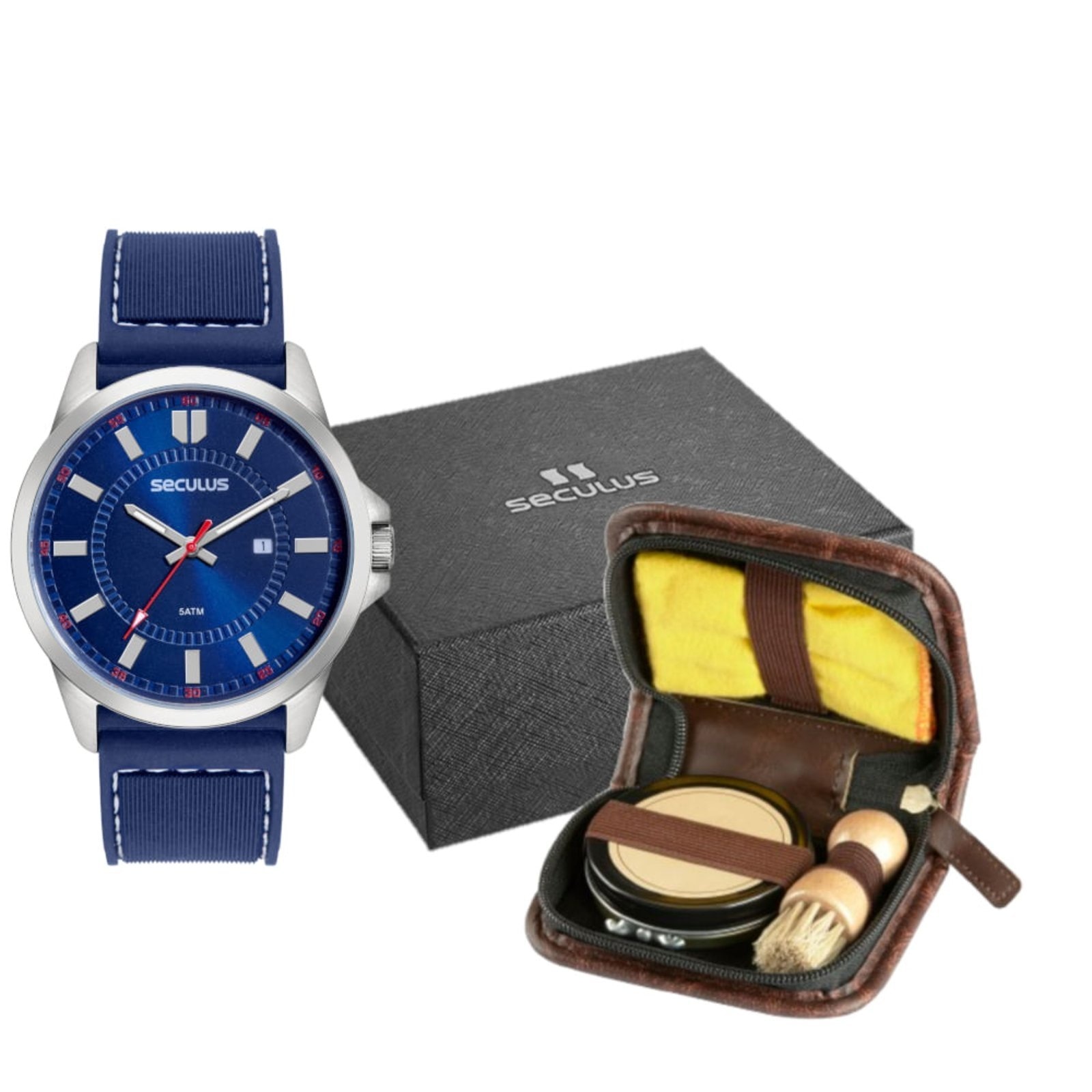 Imagem principal Kit Relógio Masculino Silicone Prata com Kit Engraxar Seculus azul