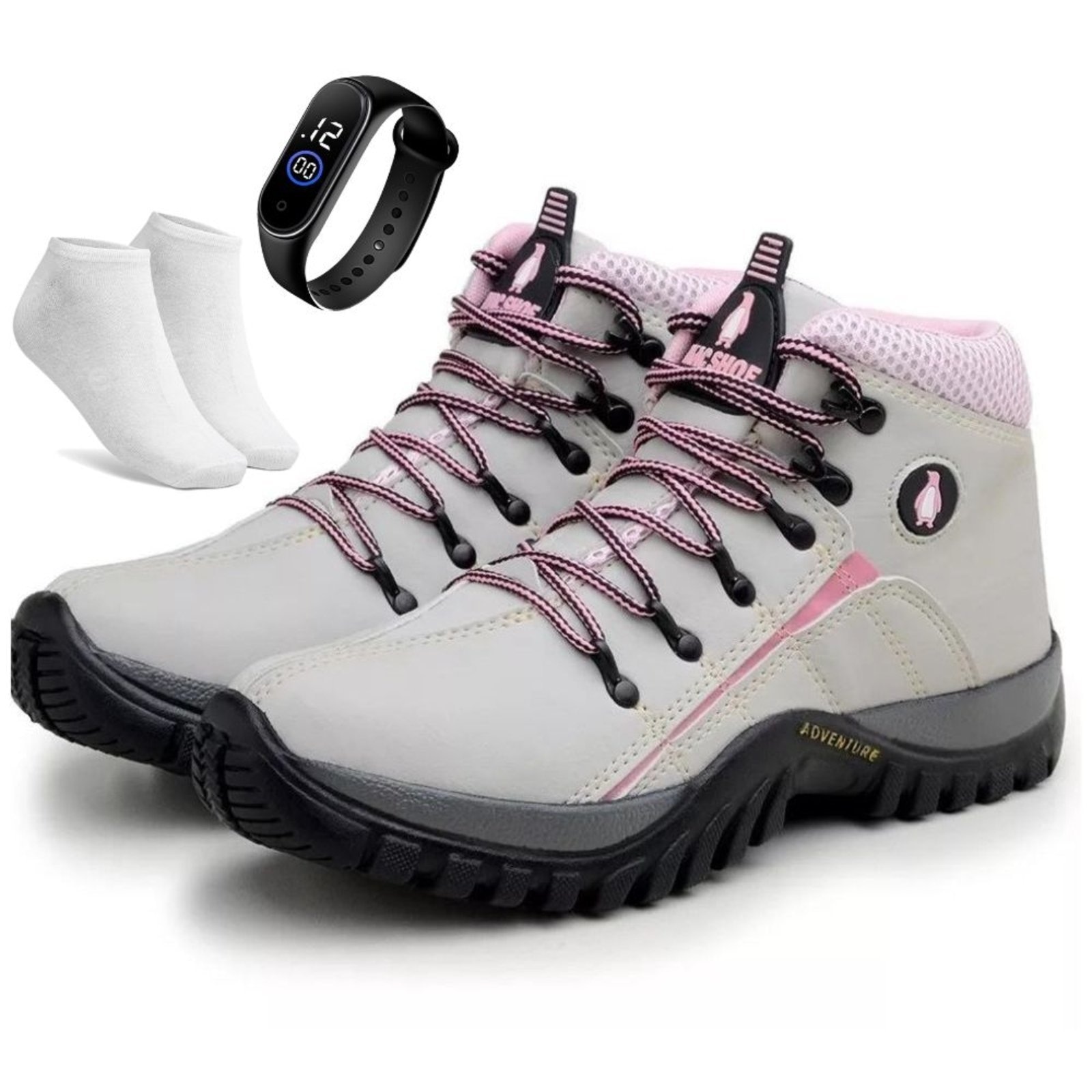Imagem principal Kit Bota Adventure Bia Ramos para Trilha Confortavel Feminina Creme Rosa + Relógio e Meia Bia Ramos cinza rosa