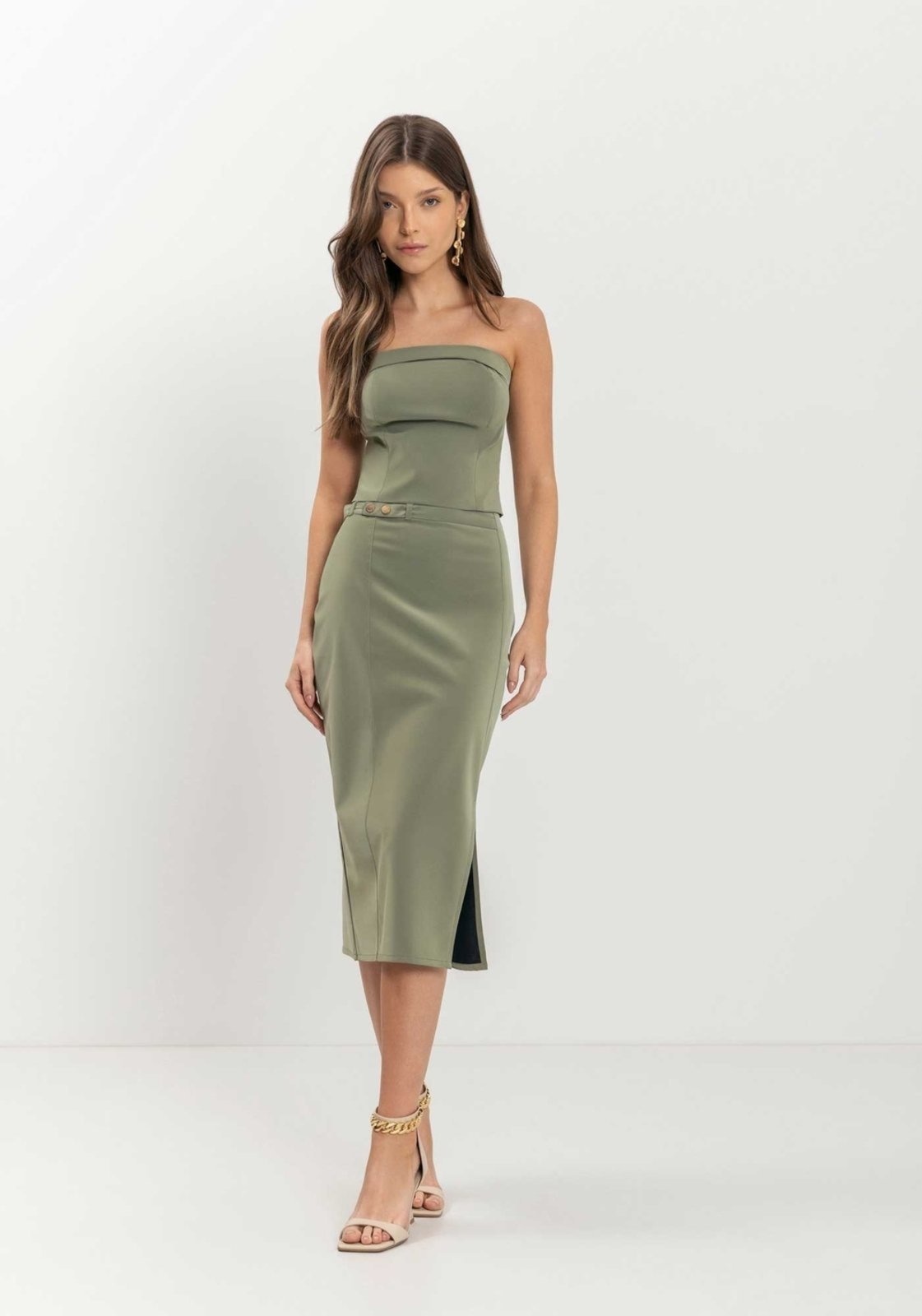 Imagem principal Saia Midi De Cintura Alta Com Fenda Lateral E Cinto Lez a Lez verde