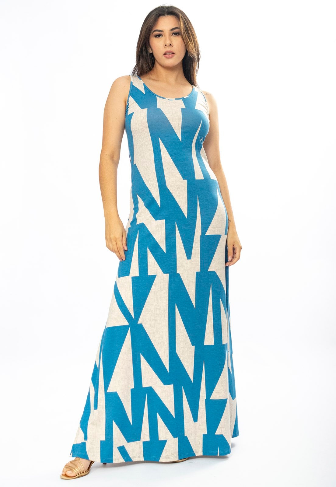 Imagem principal Vestido Longo Amazônia Vital Butiá Malha Regata Estampa Geometric Blue Amazonia Vital bege blue