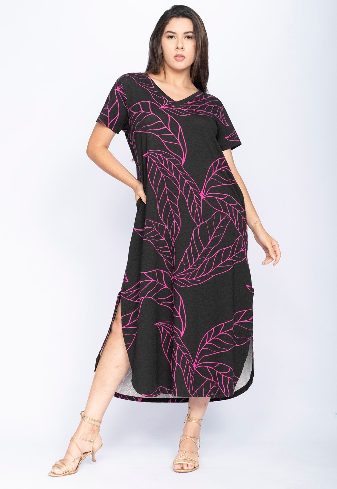 Imagem principal Vestido Amazonia Vital Midi Abapã Malha com Bolso Estampa Antúrios Lilás Amazonia Vital estampado/preto