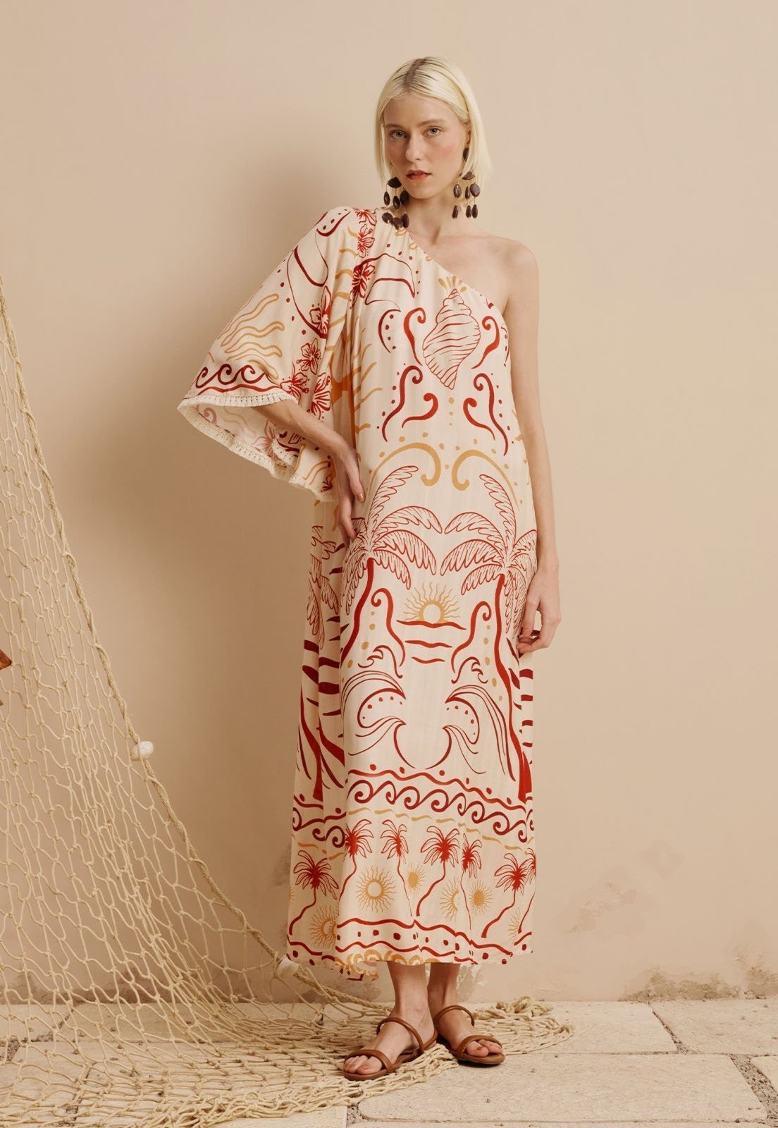 Imagem principal Vestido Midi Um Ombro Só Franjinha Estampado Marahú CaCay bege