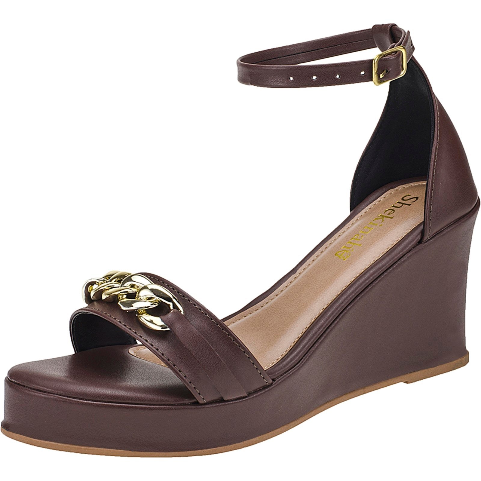 Imagem principal Sandália Feminina Salto Anabela Plataforma Bico Redondo Shekinah Detalhe Enfeite Corrente Marrom Shekinah preto