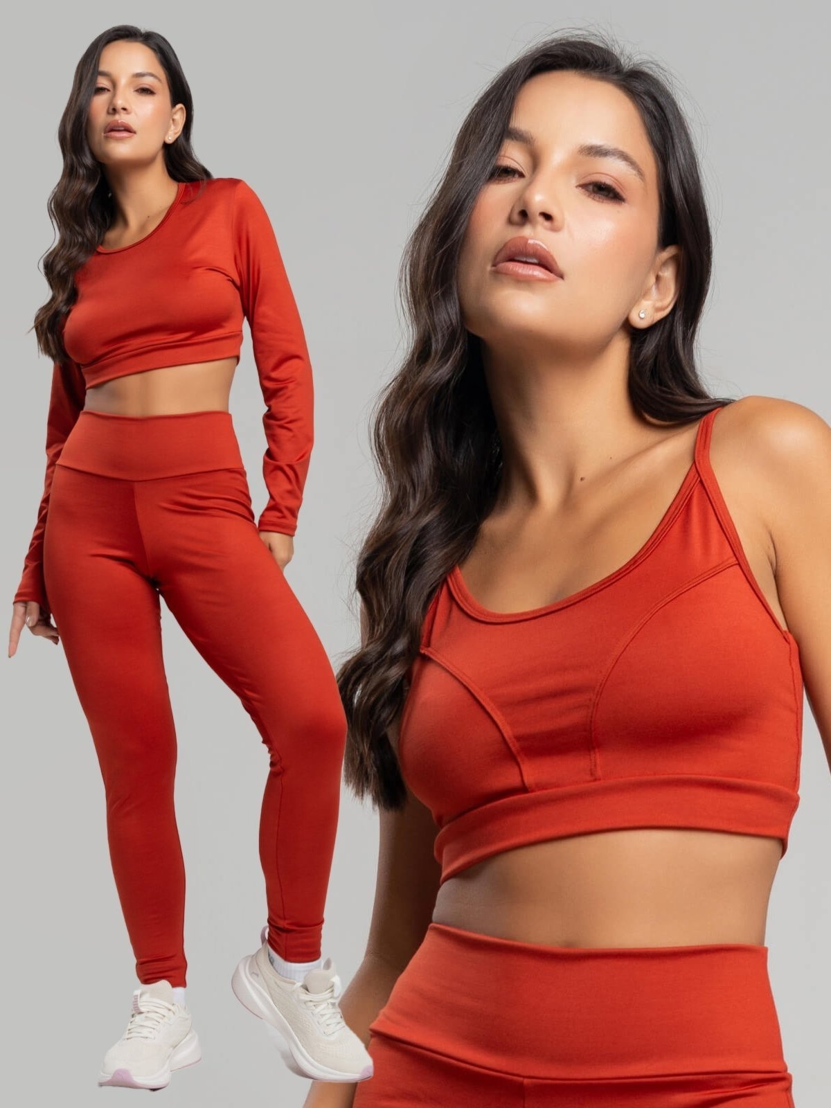 Imagem principal Conjunto Fitness Vicbela Calça Legging + Cropped Manga Longa + Top Alcinha Suplex Moda Fitness Academia Terracota Vicbela caramelo/coral/laranja